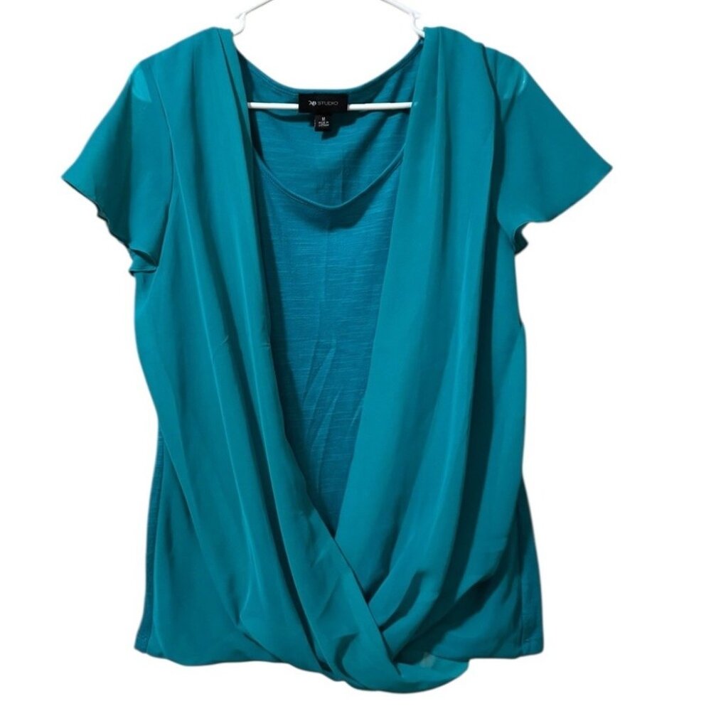 AB Studio Women Size Medium Short Sleeve Blouse Shirt Blue Lightweight Office